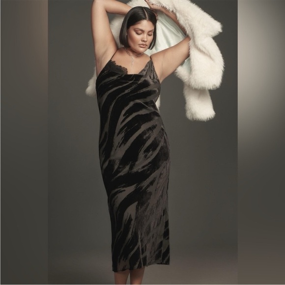 Anthropologie Dresses & Skirts - Anthropologie Cowl Neck Slip Dress Midi Black Velvet Burnout Lace Sz 3X NEW